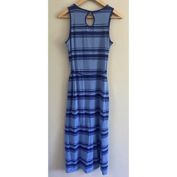 Horny Toad Midi Dress Tie Waist Organic Cotton Navy Blue Stripe Medium M - Picture 4 of 5